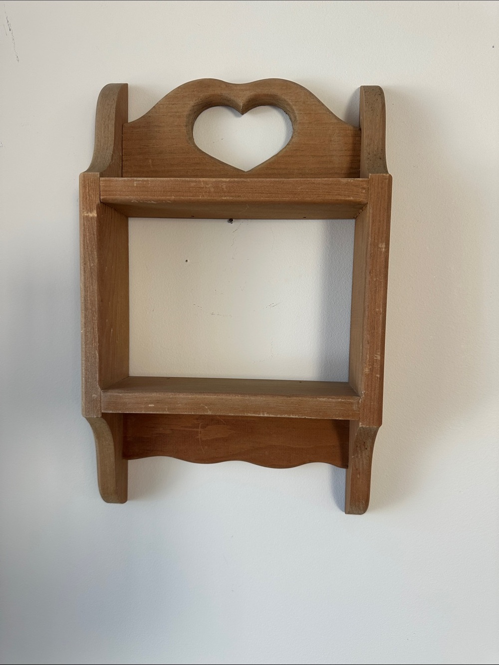 Vintage 80s Solid Pine Heart Trinket Shelf 16” x 10”